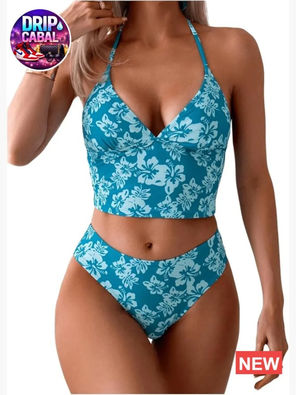 Women's Floral Halter Neck Tankini Two Piece Bathing Swimsuit Set